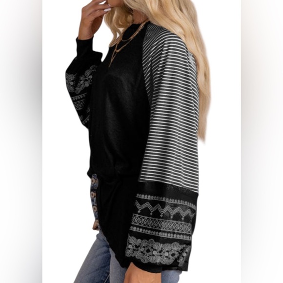 Black Contrast Print Raglan Long Sleeve Top – Striped & Patterned – Sizes S–2XL - Picture 5 of 8
